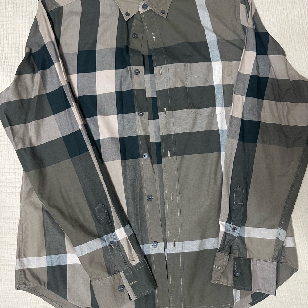 Burberry Men's Plaid Button-Down Shirt - Olive and Charcoal